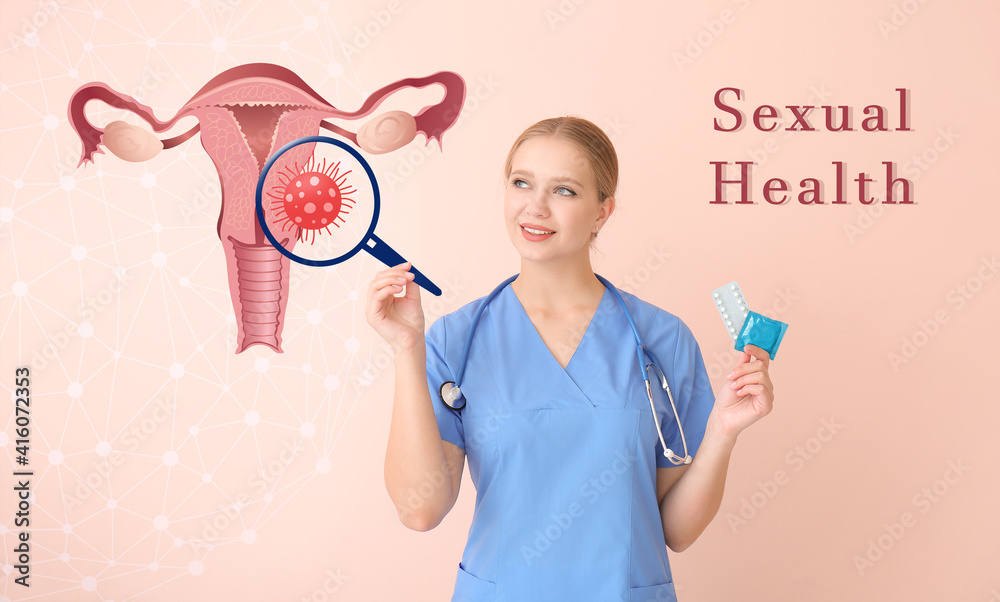 Gynecologist with different contraceptives and drawn uterus on color background Gynecologist with different contraceptives and drawn uterus on color background