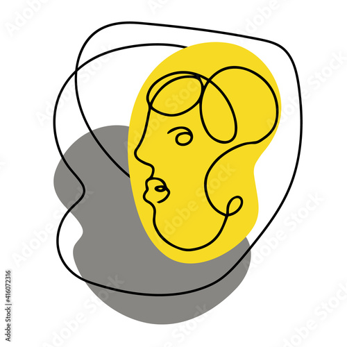 Abstract Portrait. Woman's face in one solid line, stylish hand-drawn. Simple minimalist forms. Concept of psychological problems and self awareness in a complex world. Print for clothing, poster