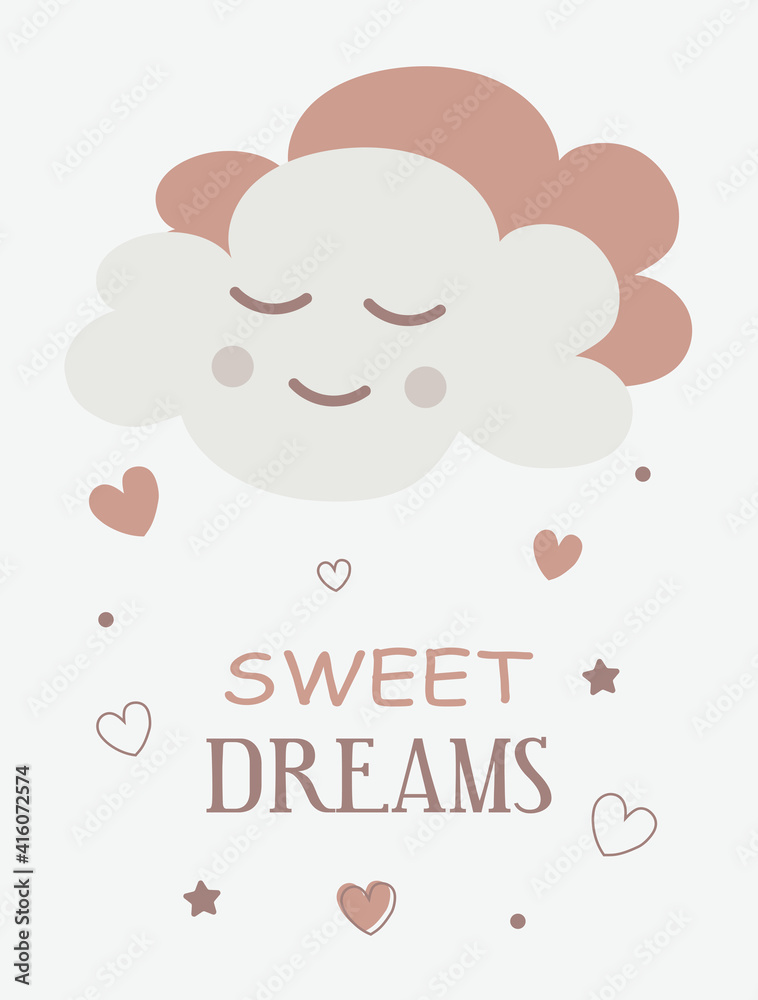 Fototapeta premium Cute baby card with a sleepy dreamy cloud in pastel colors. For printing children's paintings for the bedroom, notebooks, decorative pillows. 