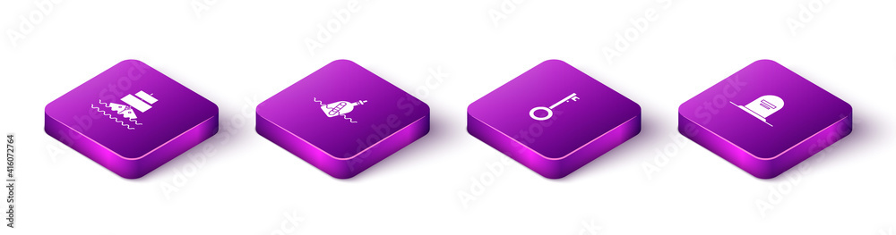 Set Isometric Ship, Bottle with message in water, Pirate key and Tombstone RIP written icon. Vector. Set Isometric Ship, Bottle with message in water, Pirate key and Tombstone RIP written icon. Vector.