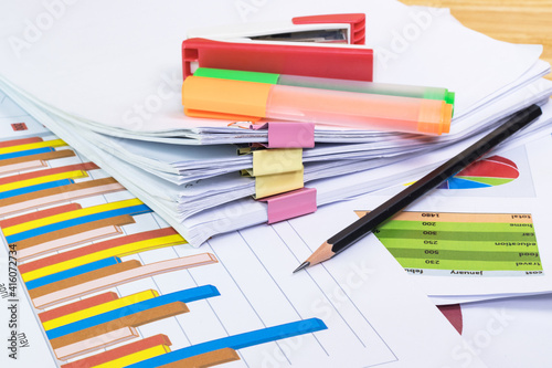 pencil, paper sheeet, graph sheet, Color highlight pen concept Office equipment