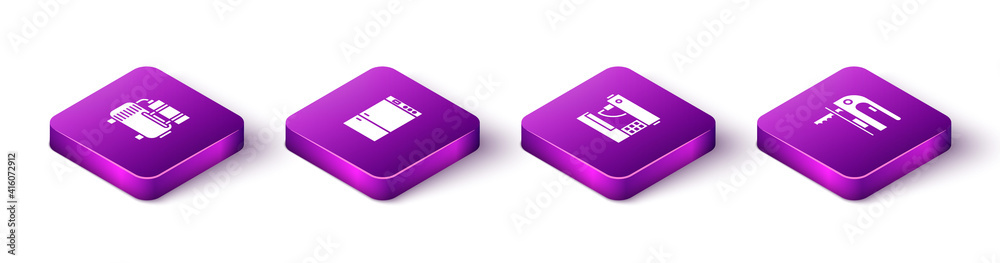 Set Isometric Air compressor, Refrigerator, Sewing machine and Electric jigsaw icon. Vector. Set Isometric Air compressor, Refrigerator, Sewing machine and Electric jigsaw icon. Vector.