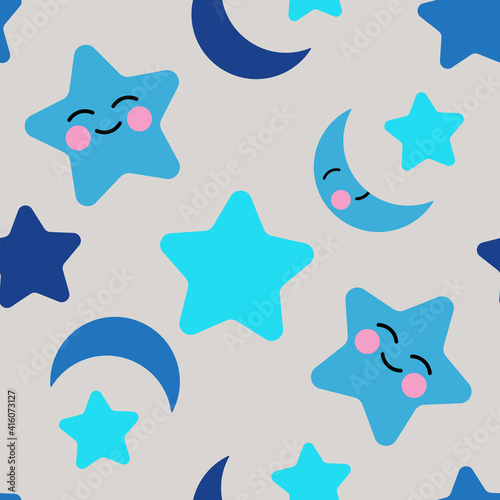 Seamless background with blue stars and moons for printing on children's fabrics, textiles, paper, bed decor. 