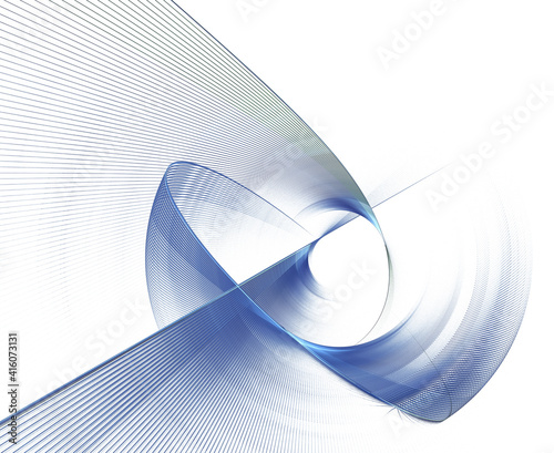 Straight diagonal and rounded blue flat elements intersect in the center of the white background. Abstract fractal background. 3d rendering. 3d illustration.