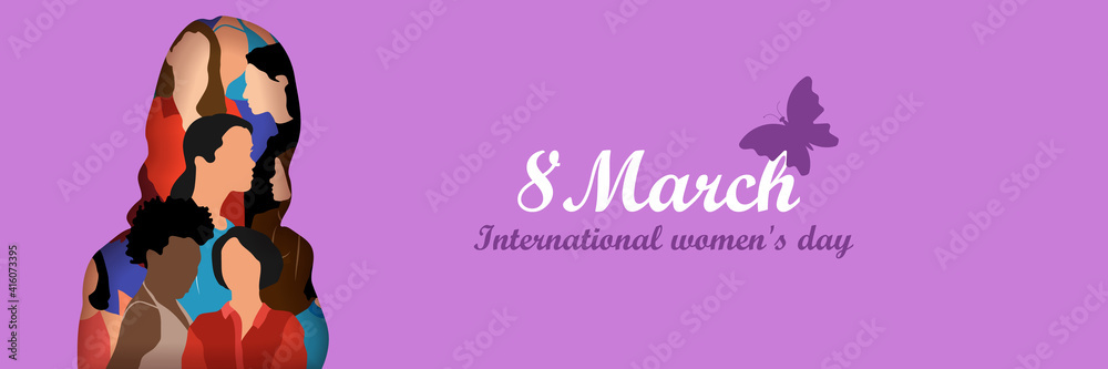 Happy International Women's Day on March 8th design background. Illustration of woman's face profile with retro style makeup. EPS10 vector