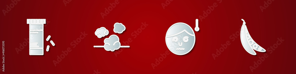 Set Medicine bottle and pills, Dust, High human body temperature and Kidney beans icon. Vector. Set Medicine bottle and pills, Dust, High human body temperature and Kidney beans icon. Vector.
