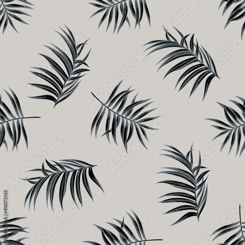 Seamless pattern with hand drawn stylized tropical palm leaves