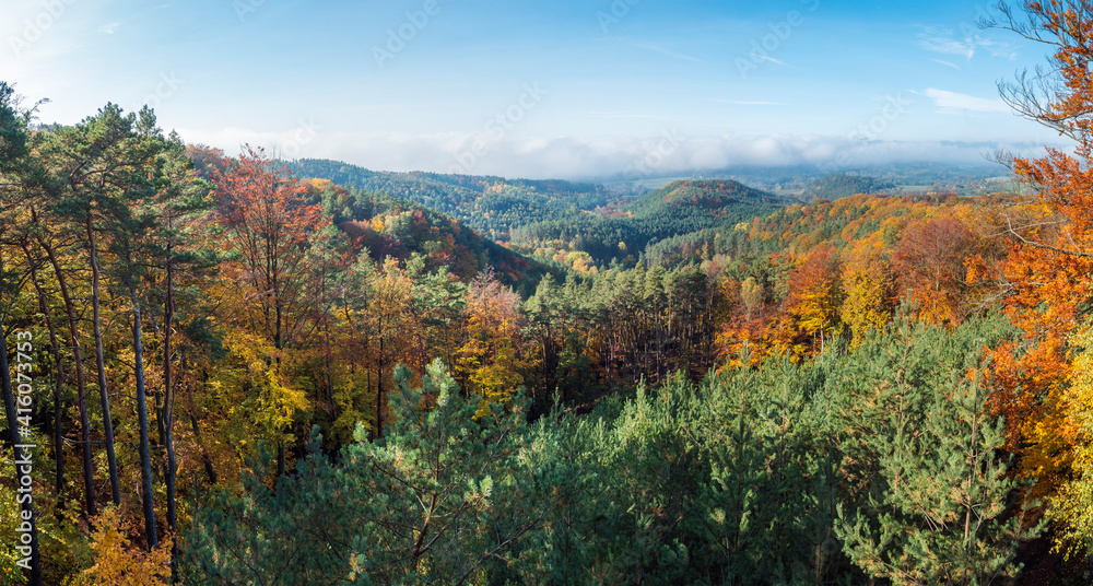 Panoramic view of colorful vivid deciduous beech and pine tree forest and hills from viewpoint called Vyhlidka na Rip at nature park Kokorinsko, Czech republic. Autumn sunny day.