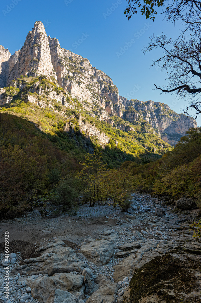Landscape at the Vikos Gorge, listed as the deepest gorge in the world by the Guinness Book of Records, in Epirus, Greece
