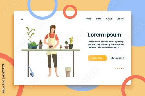Young woman busy with houseplants flat icon. Flower shop, floriculture, greenhouse. Leisure concept. Vector illustration can be used for topics like hobby, houseplants, gardening