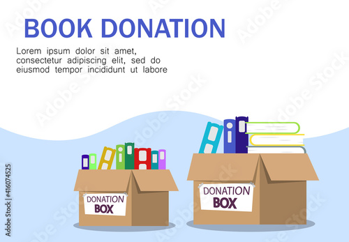 Donation Box for refugees flat design. Book simple concept illustration. Time to donate. Book donation.