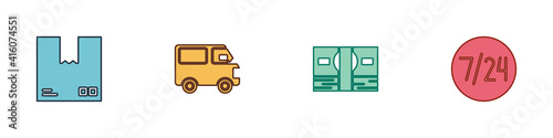 Set Cardboard box with traffic symbol, Delivery cargo truck vehicle, Stacks paper money cash and Clock 24 hours icon. Vector.