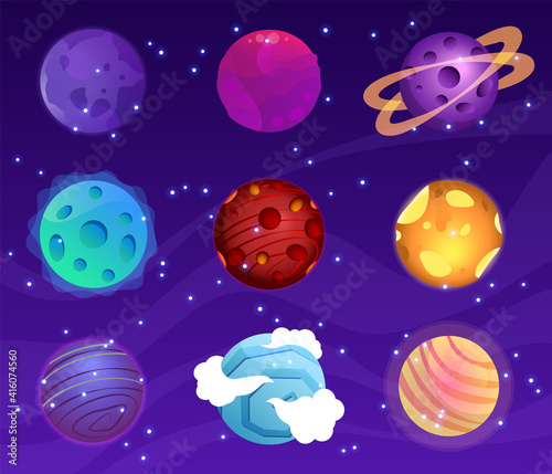 Mega huge pack of fantasy cartoon colorful planets. Fantasy abstract space objects vector illustration collection. Cosmic shapes.