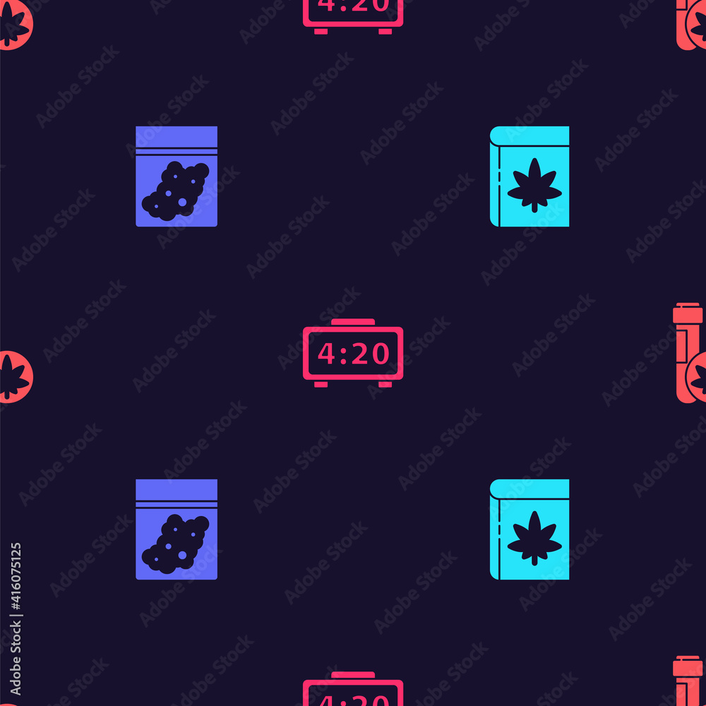 Set Book and marijuana or cannabis, Plastic bag of, Digital alarm clock and Chemical test tube with on seamless pattern. Vector. Set Book and marijuana or cannabis, Plastic bag of, Digital alarm clock and Chemical test tube with on seamless pattern. Vector.
