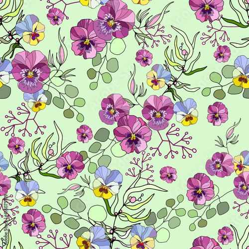 Floral vintage seamless pattern. Dark purple and green. Oriental style. Vector illustration art. For design textiles, paper, wallpaper. © Audra