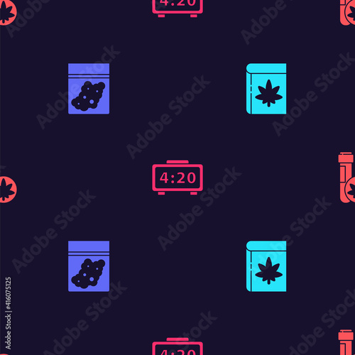 Set Book and marijuana or cannabis, Plastic bag of, Digital alarm clock and Chemical test tube with on seamless pattern. Vector.