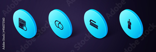 Set Isometric Dishwashing liquid bottle, Brush for cleaning, Washing dishes and Kitchen dishwasher machine icon. Vector.