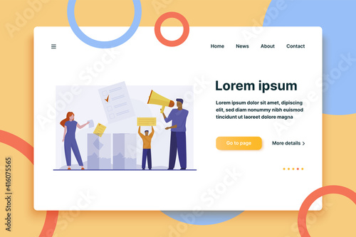 Voters throwing forms into ballot boxes. Activists shouting at megaphone, holding placard flat vector illustration. Election campaign, poll concept for banner, website design or landing web page