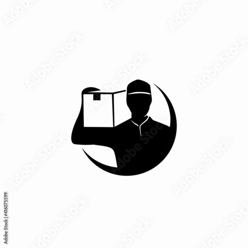 Delivery man courier holding box Logo design 
vector template, Negative space style
