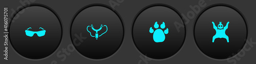 Set Glasses, Slingshot, Paw print and Bear skin icon. Vector.