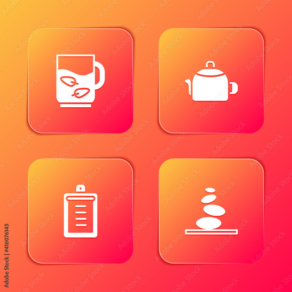 Set Cup of tea and leaf, Kettle with handle, Clipboard checklist and Stack hot stones icon. Vector. Set Cup of tea and leaf, Kettle with handle, Clipboard checklist and Stack hot stones icon. Vector.