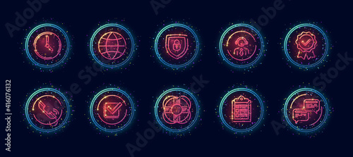 10 in 1 vector icons set related to discussion theme. Lineart vector icons in geometric neon glow style with particles isolated on background.