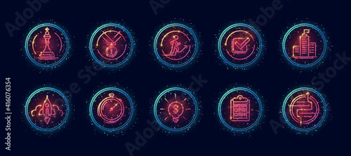 10 in 1 vector icons set related to career evolution theme. Lineart vector icons in geometric neon glow style with particles isolated on background.