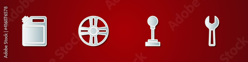 Set Canister for gasoline, Alloy wheel, Gear shifter and Wrench spanner icon. Vector.