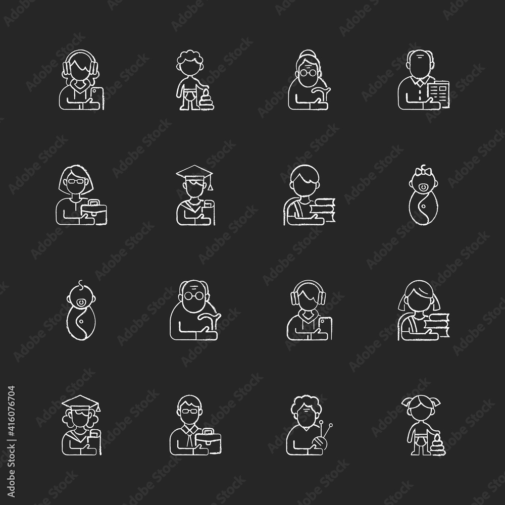 Different age and gender groups chalk white icons set on black background. Aging process. Child development. Adolescent years. Teenager. Senior citizen. Isolated vector chalkboard illustrations