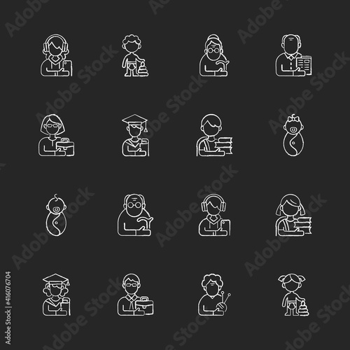 Different age and gender groups chalk white icons set on black background. Aging process. Child development. Adolescent years. Teenager. Senior citizen. Isolated vector chalkboard illustrations