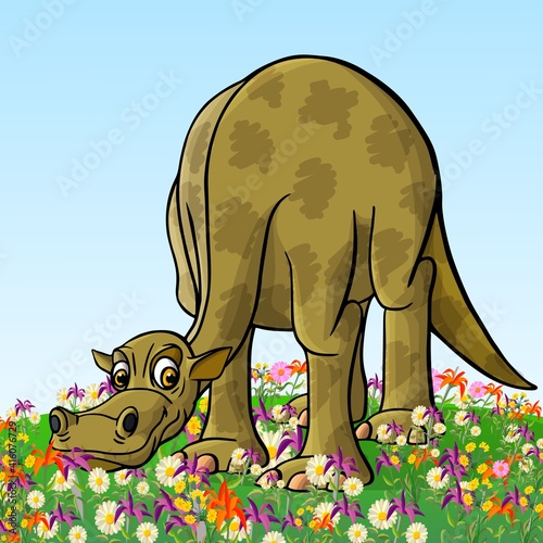 Cheerful, cute, winged dinosaur on a white background. Prehistoric reptile. Jurassic period. Vector illustration