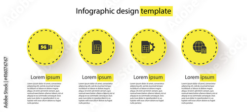 Set 5G modem, Sim card, setting and Globe Card. Business infographic template. Vector.