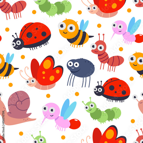 Cute bugs vector cartoon seamless pattern on a white background.