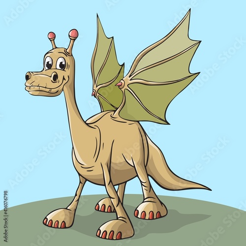Cheerful, cute, winged dinosaur on a white background. Prehistoric reptile. Jurassic period. Vector illustration