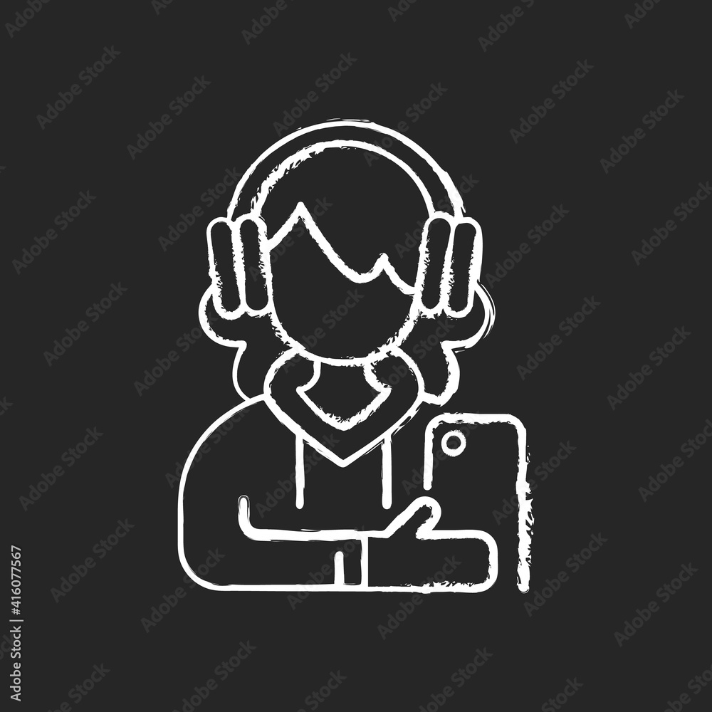 Teenage girl chalk white icon on black background. Female teenager. 13-19 years old girl. Teen behavior. Adolescent years. Individuality development. Isolated vector chalkboard illustration Teenage girl chalk white icon on black background. Female teenager. 13-19 years old girl. Teen behavior. Adolescent years. Individuality development. Isolated vector chalkboard illustration