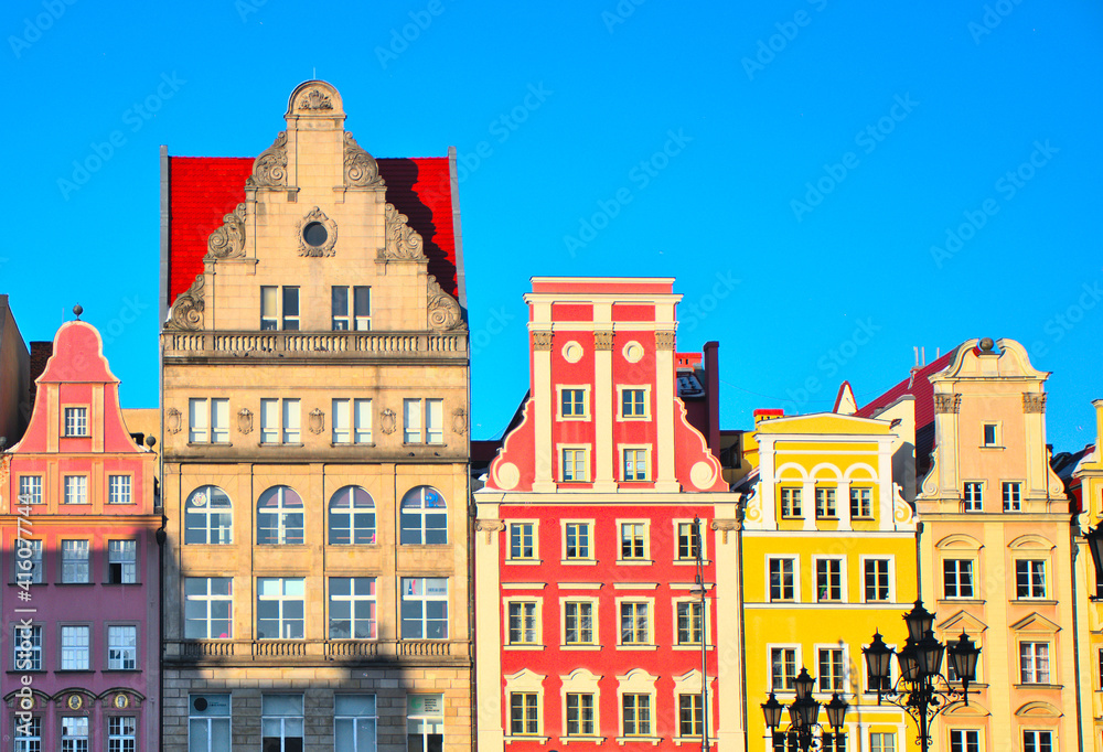 beautiful, colorful tenement houses on the main square in Wroclaw