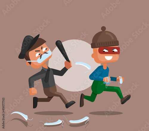 Vector cartoon illustration of a police officer and thief