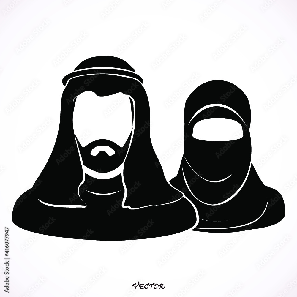 Muslim man and woman.Traditional arab couple. flat style. black icon on ...
