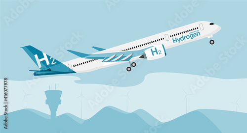 Aircraft powered by hydrogen. Vector illustration
