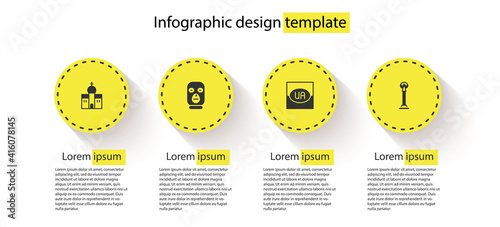 Set Church building, Thief mask, Flag of Ukraine and Monument Independence. Business infographic template. Vector.