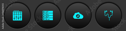 Set Sound mixer controller, Music playlist, streaming service and Air headphones icon. Vector.