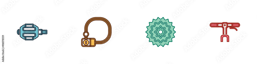Set Bicycle pedal, lock, cassette and handlebar icon. Vector. Set Bicycle pedal, lock, cassette and handlebar icon. Vector.
