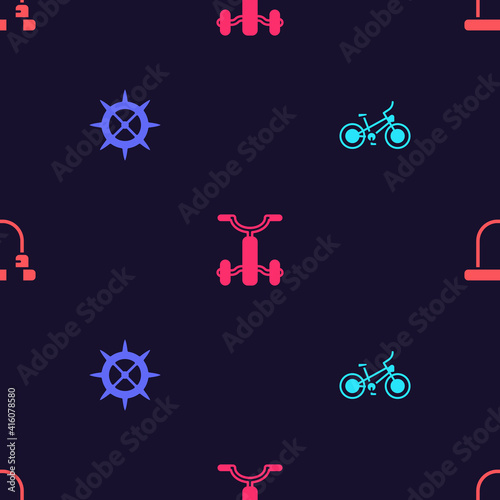 Set Bicycle, sprocket crank, for kids and lock on seamless pattern. Vector.
