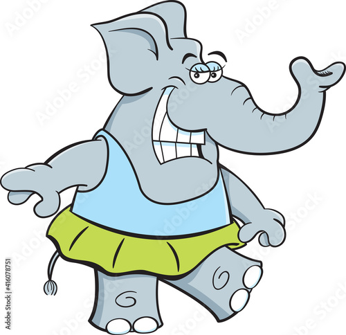 Cartoon illustration of a happy elephant wearing a ballet tutu while dancing.
