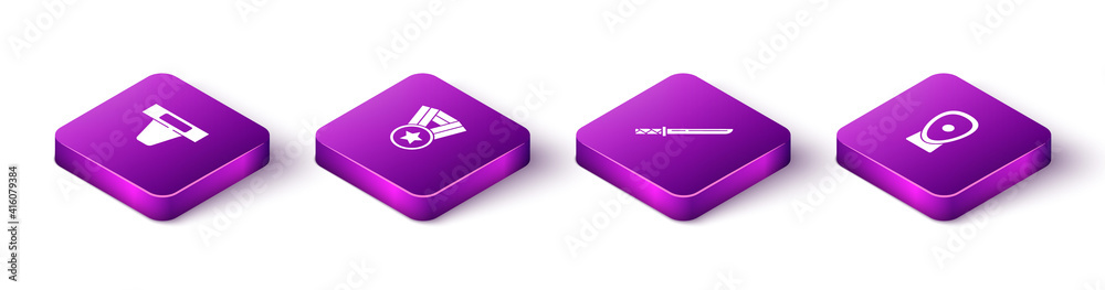 Set Isometric Groin guard, Medal, Japanese katana and Boxing training paws icon. Vector. Set Isometric Groin guard, Medal, Japanese katana and Boxing training paws icon. Vector.