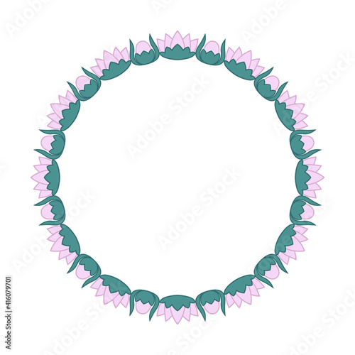 Flowers round frame with nenuphars. Modern vector wreath is suitable for wedding invitations and birthday cards