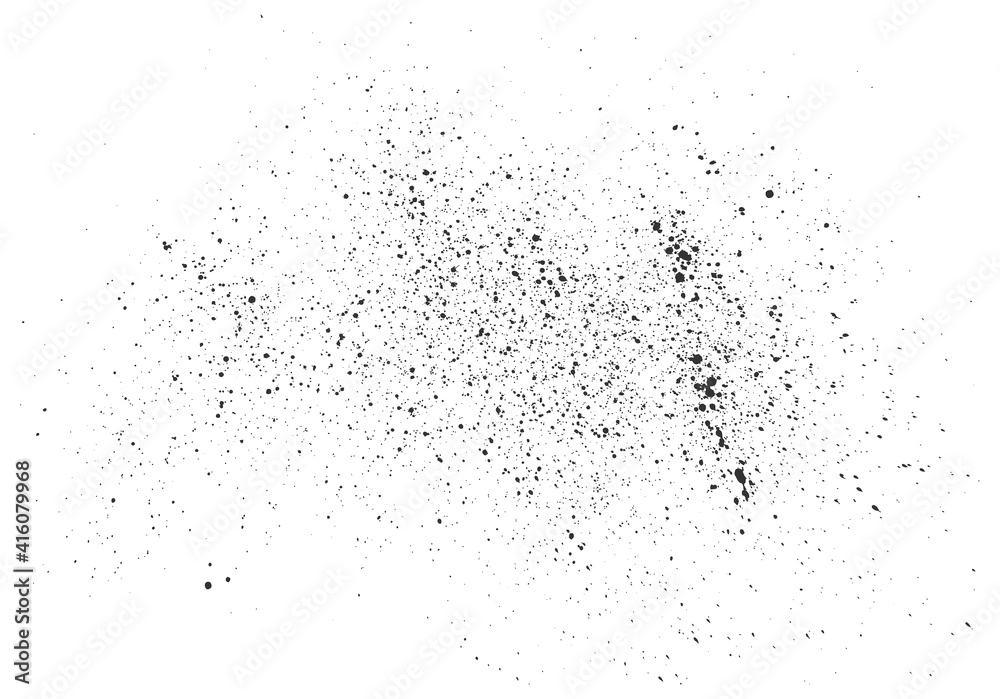 Paint splatter background. Black vector paint drops splatter. Dust overlay distress grain. Black paint splatter. Ink blots. Dust particles drizzle texture. Grunge urban backdrop. Vector illustration