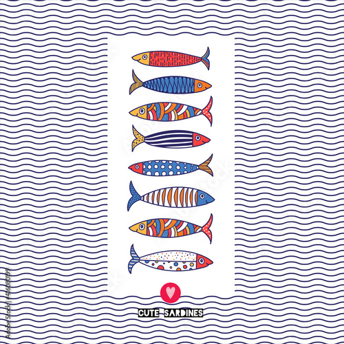 Cute fish card. Motif with sardines.