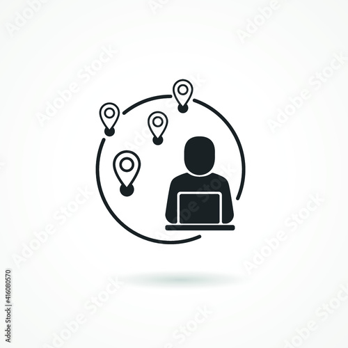 Work from anywhere icon. Man with laptop and globe behind. Concept of remote working and lifestyle digital anywhere.-Vector photo