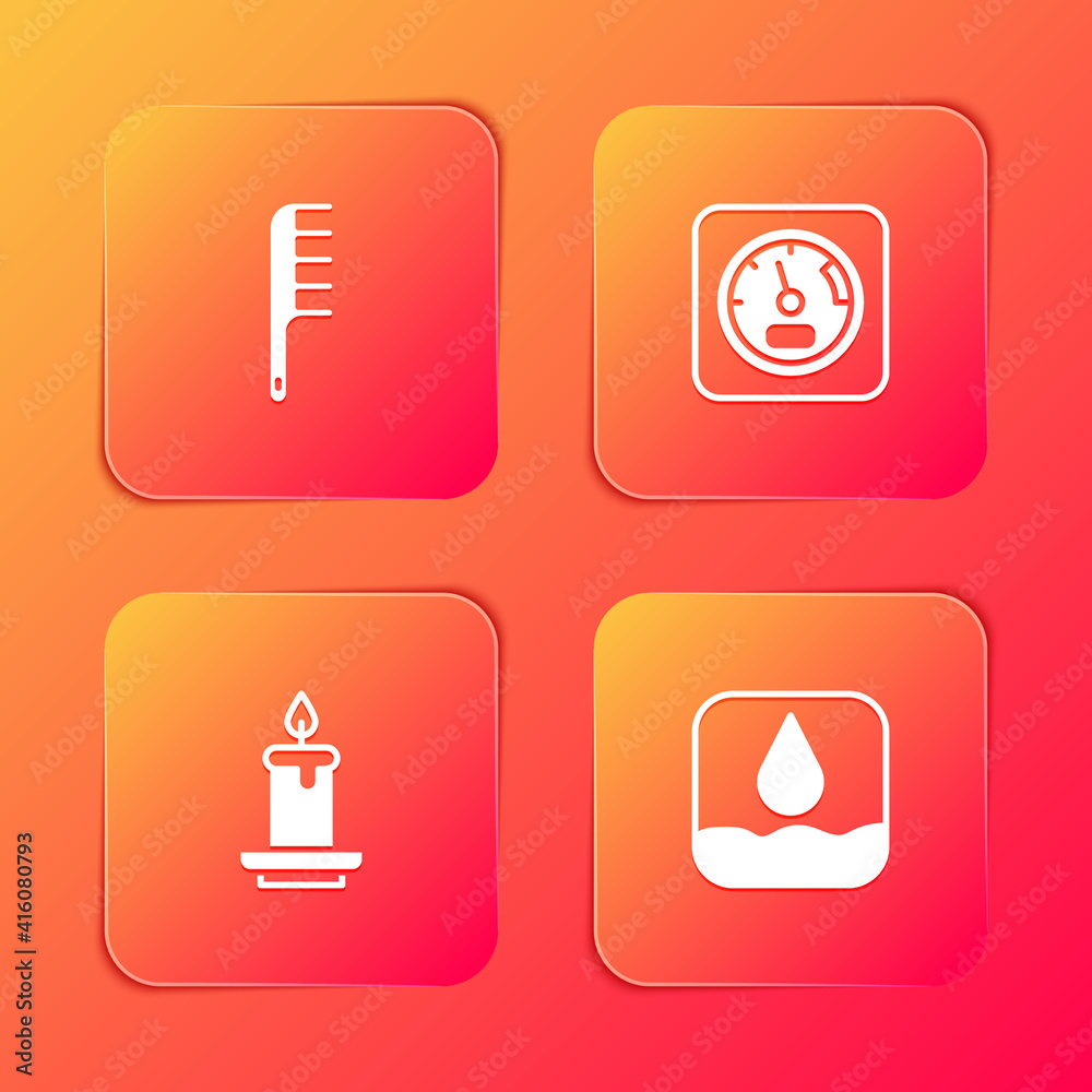 Set Hairbrush, Sauna thermometer, Aroma candle and Water drop icon. Vector. Set Hairbrush, Sauna thermometer, Aroma candle and Water drop icon. Vector.